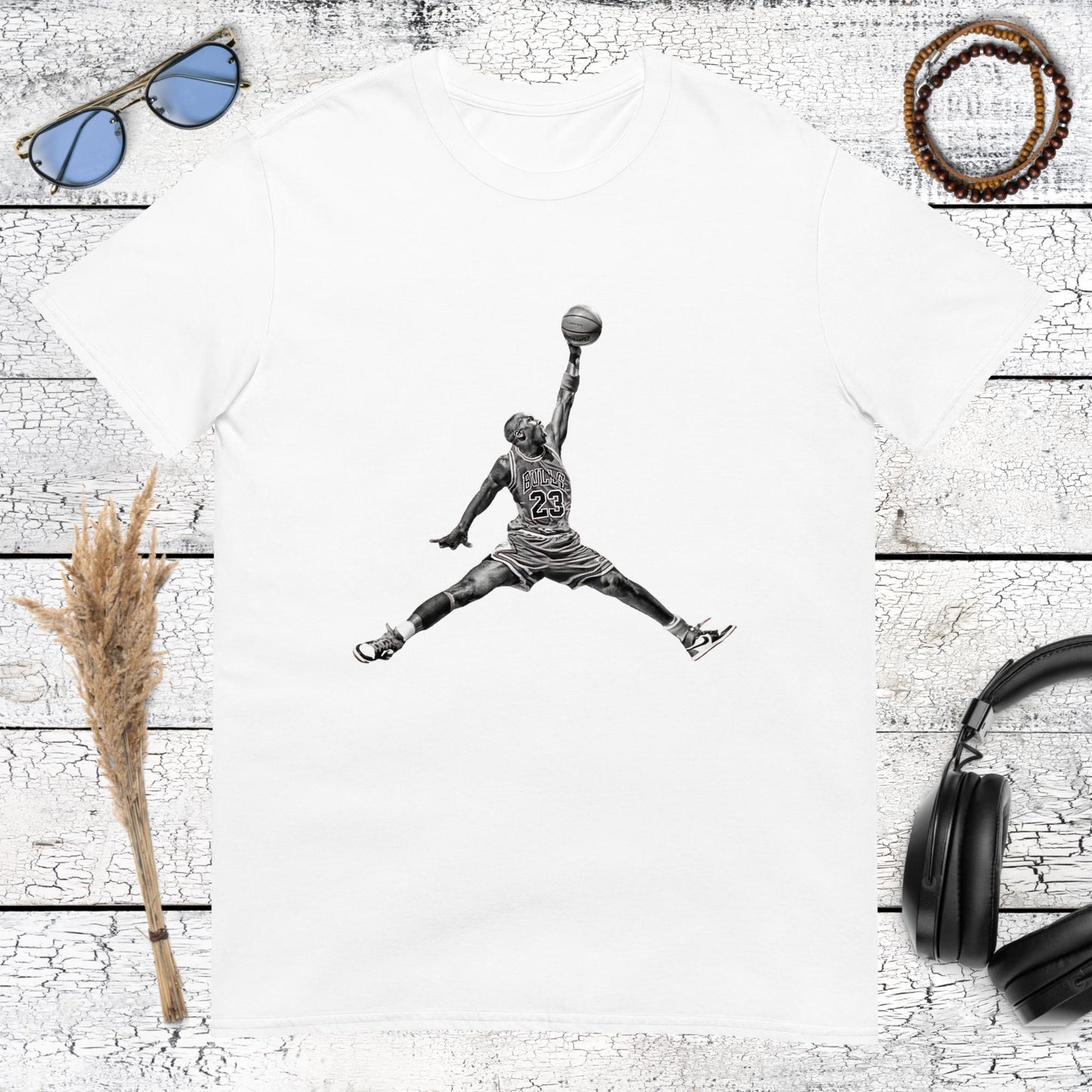 White t-shirt with an iconic Michael Jordan basketball dunk graphic
