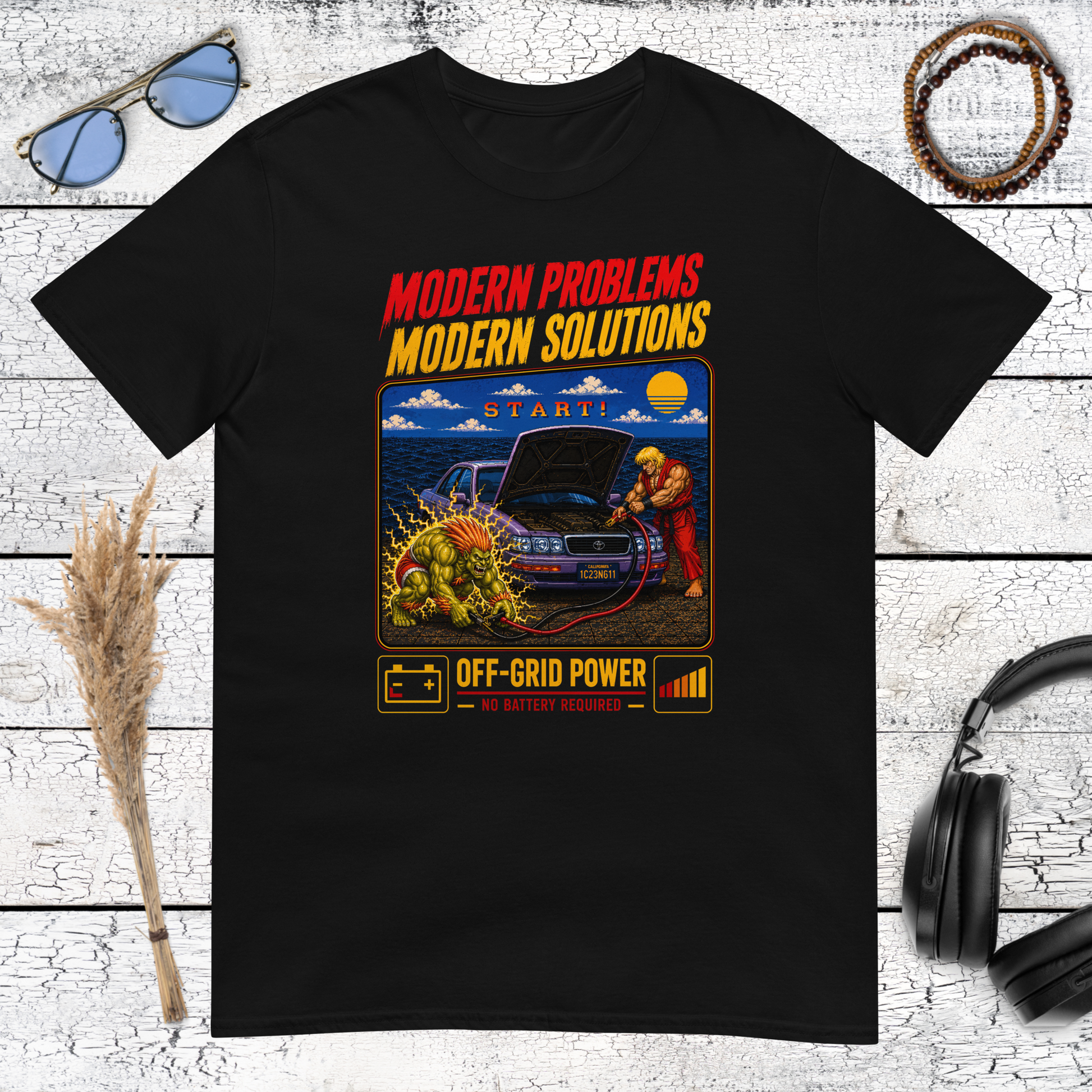 Black t-shirt with Ryu Street Fighter modern problems modern solutions graphic