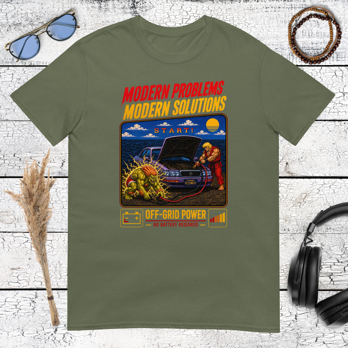 Military green t-shirt with a retro gaming parody illustration