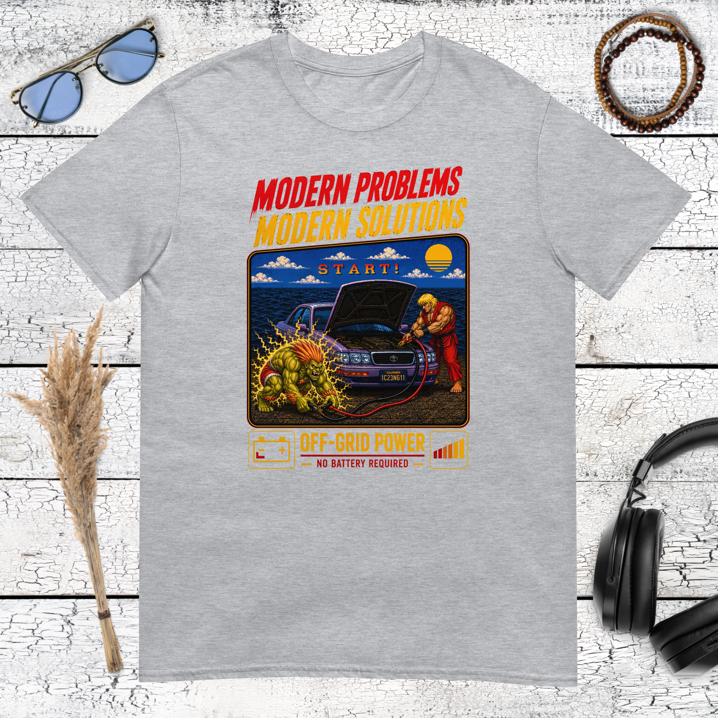 Heather grey t-shirt featuring a funny Street Fighter arcade game mockup