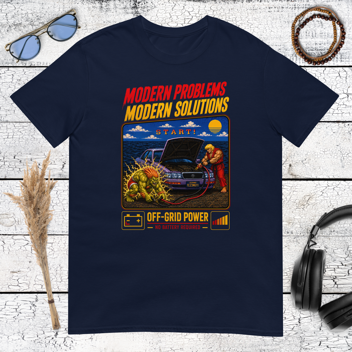 Navy blue t-shirt featuring Ryu smashing a car from Street Fighter arcade game