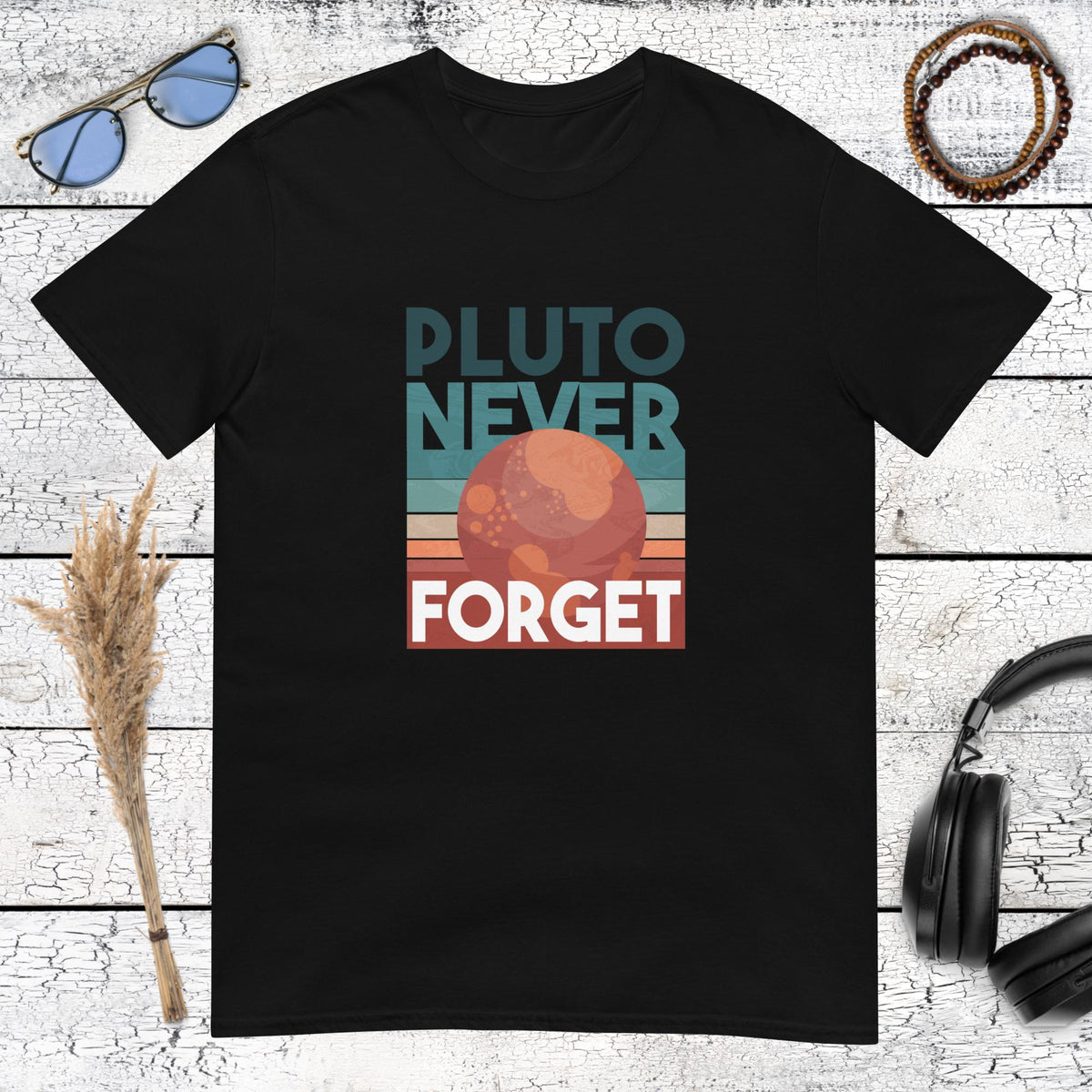 Black t-shirt with retro Pluto Never Forget planet graphic