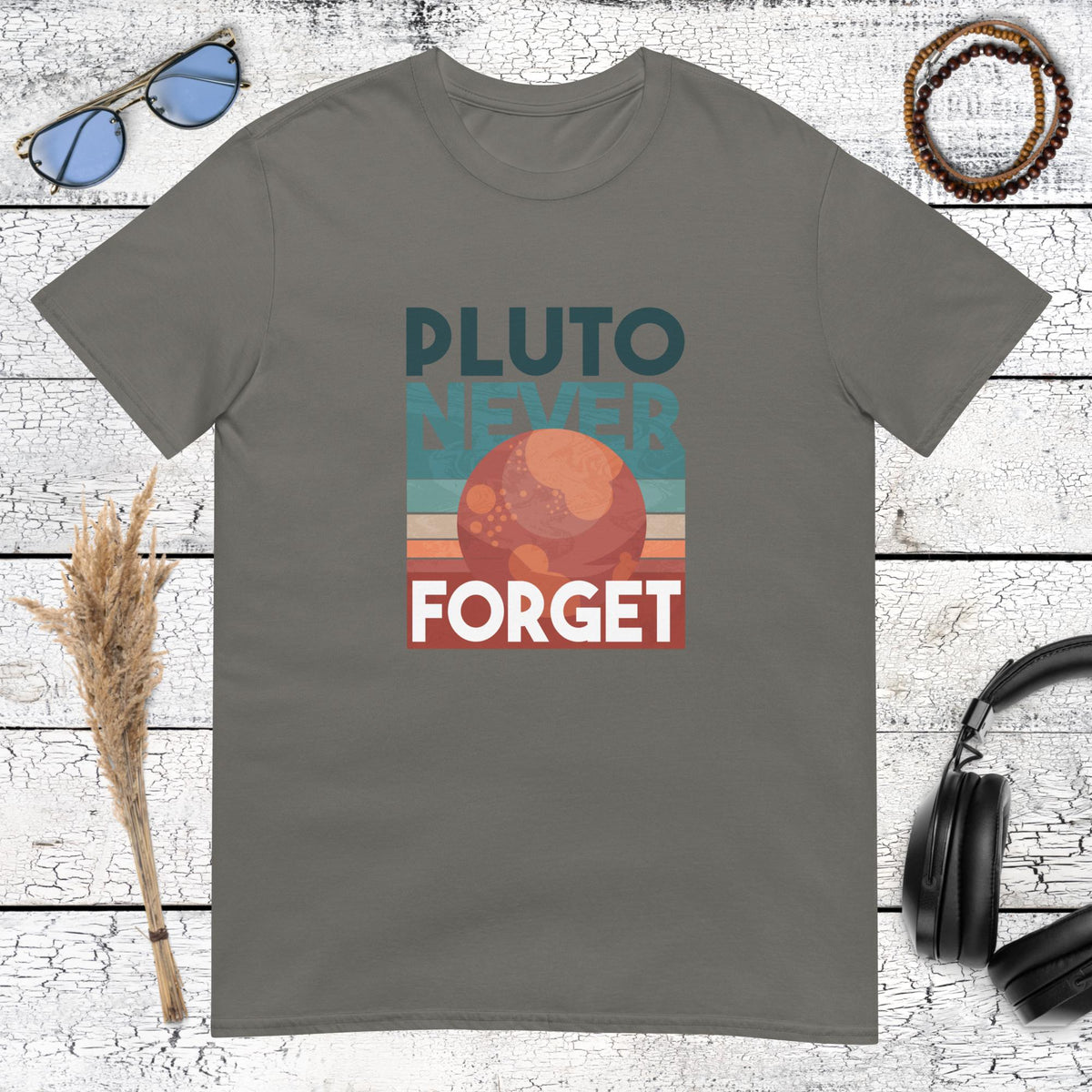 Dark charcoal grey tee featuring Pluto Never Forget science humor