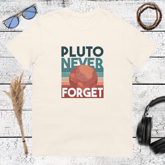 Natural cream t-shirt with a vintage 70s style Pluto Never Forget planet graphic