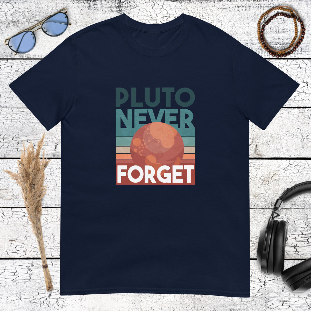 Navy blue t-shirt featuring a vintage style Pluto planet illustration