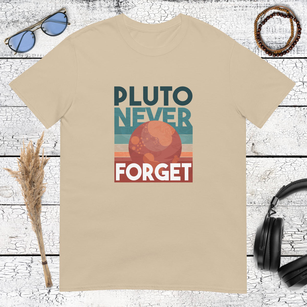 Sand colored t-shirt with retro 70s style Pluto planet art