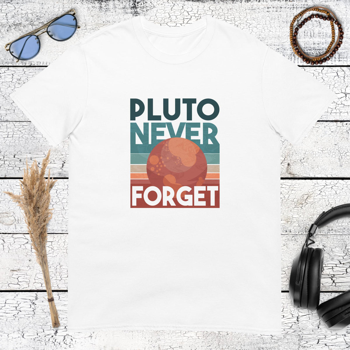 White t-shirt with colorful Pluto Never Forget retro space design