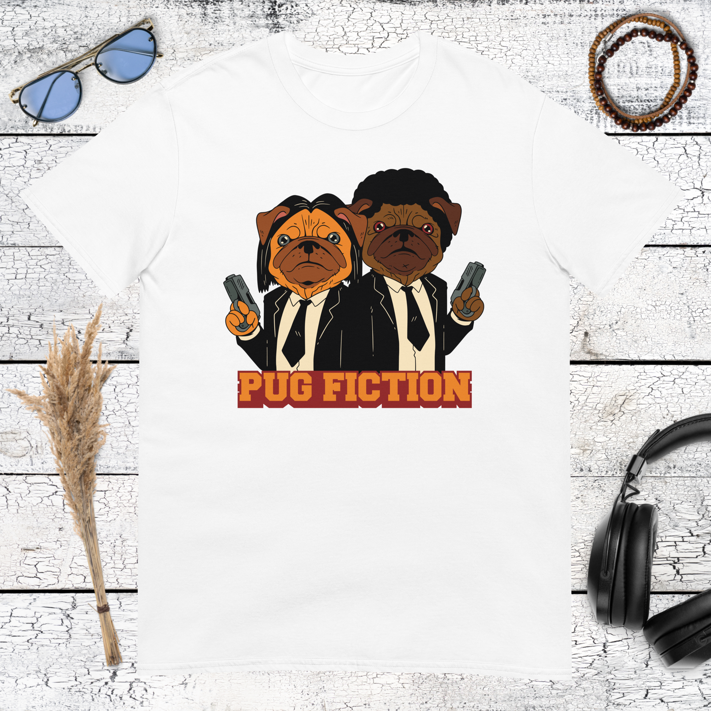 Pug Fiction t-shirt in white color version