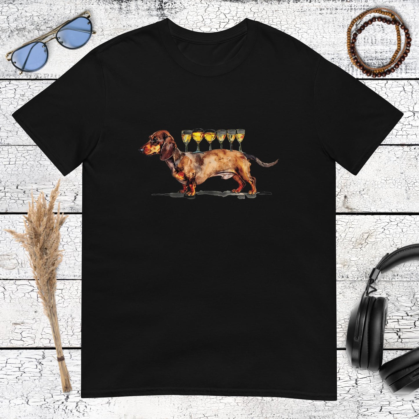 Product mockupHigh contrast dog illustration featuring a dachshund with party glasses on a black t-shirt