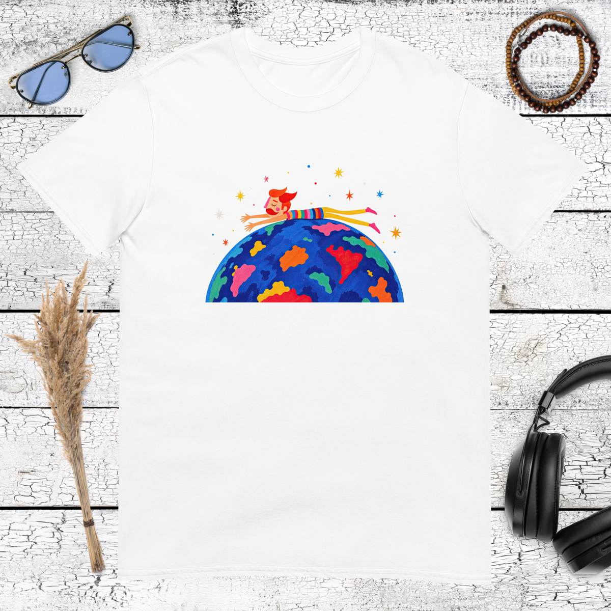 Surreal colourful Earth illustration with a cosmic traveller on a white t-shirt