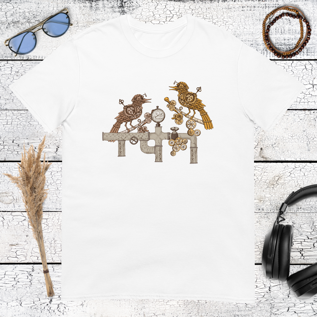 Industrial mechanical birds artwork printed on a white t-shirt