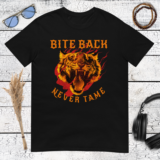 Bite Back Never Tame T-Shirt – black, front view