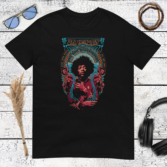 Psychedelic Guitar Legend Jimi Hendrix Rock Star T-Shirt – black, front view