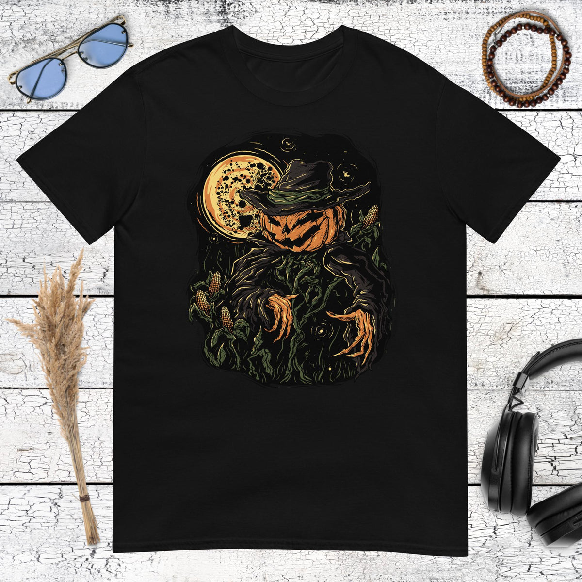 Pumpkin Scarecrow Halloween T-Shirt – black, front view