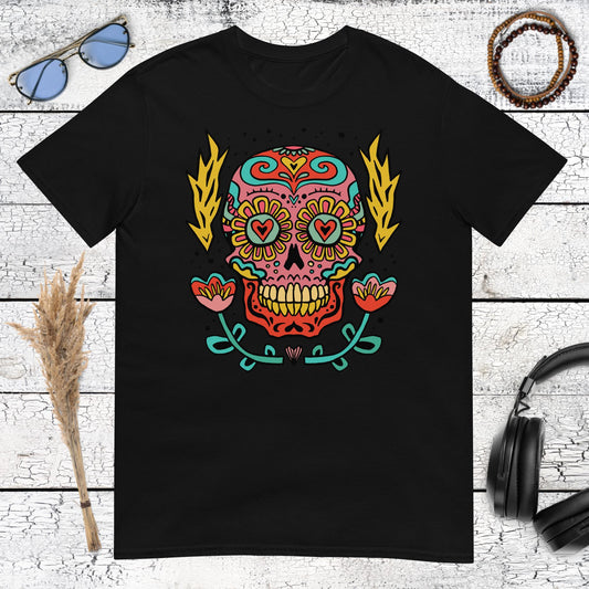 Floral Skull T-Shirt – black, front view