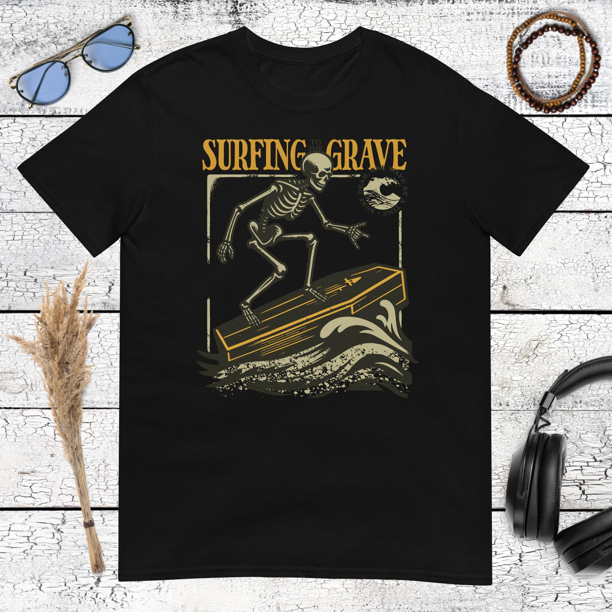 Surfing to the Grave T-Shirt – black, front view