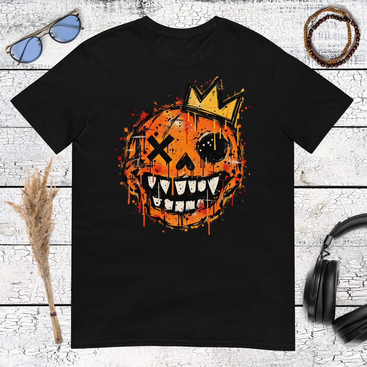 Basquiat Inspired Crown Pumpkin T-Shirt – black, front view