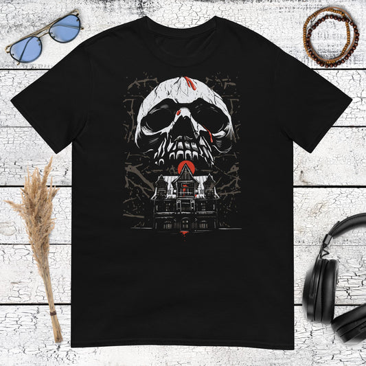 Haunted House Skull Horror T-Shirt – black, front view