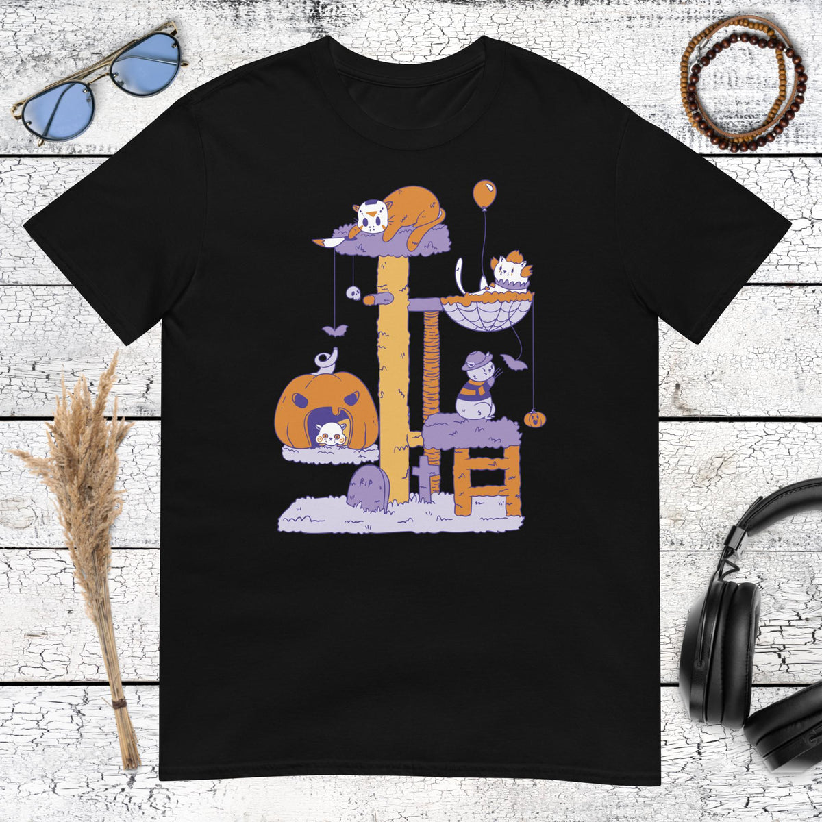 Halloween Cat Tree T-Shirt – black, front view