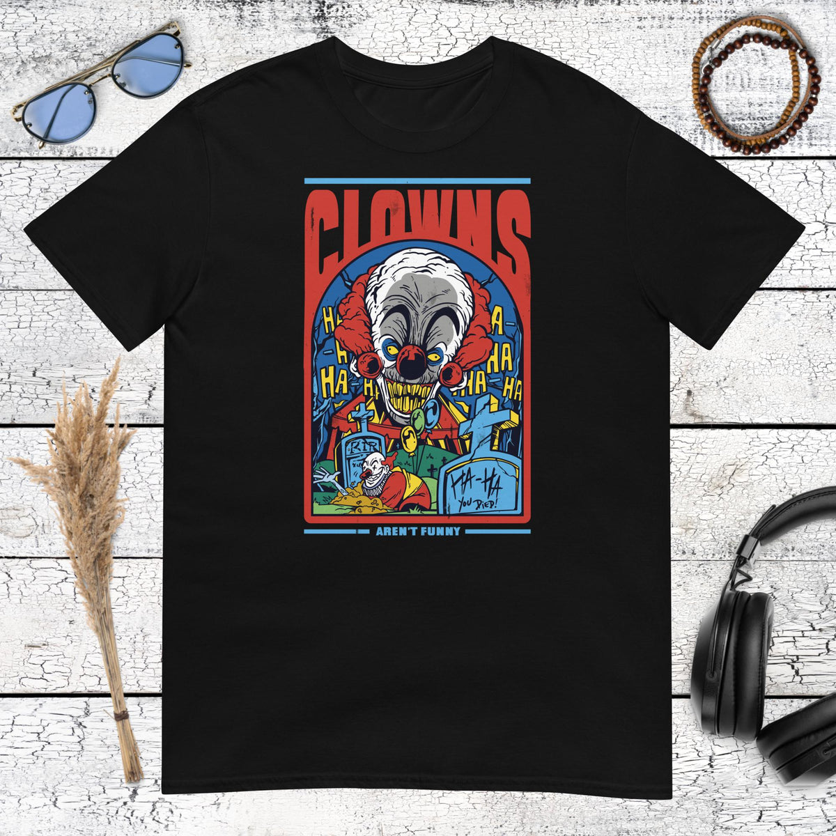 Clowns Aren’t Funny Horror T-Shirt – black, front view