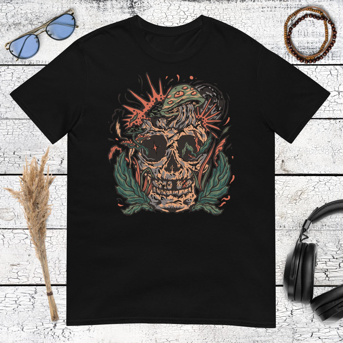Mushroom Skull Psychedelic T-Shirt – black, front view