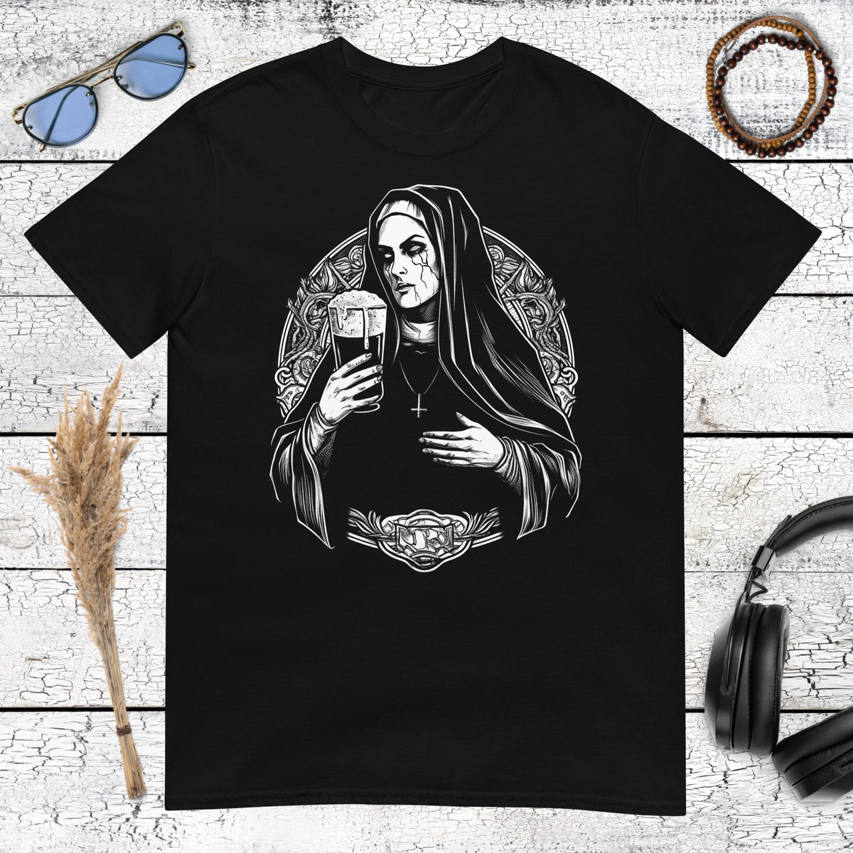 Holy Spirits Drinking Nun T-Shirt – black, front view