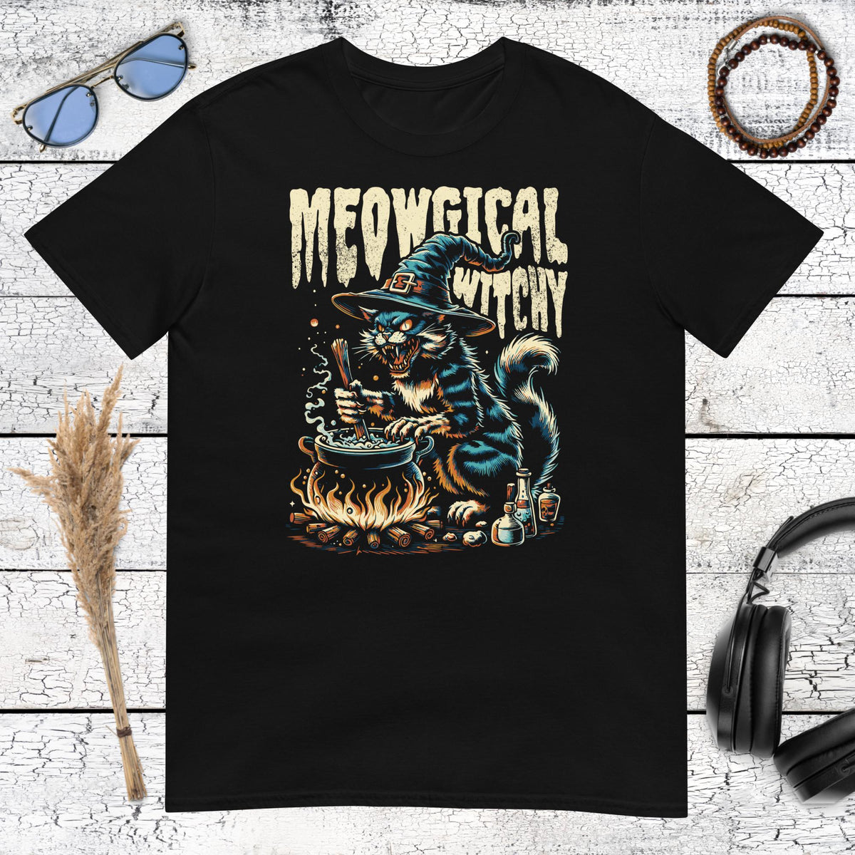 Meowgical Witchy Cat T-Shirt – black, front view