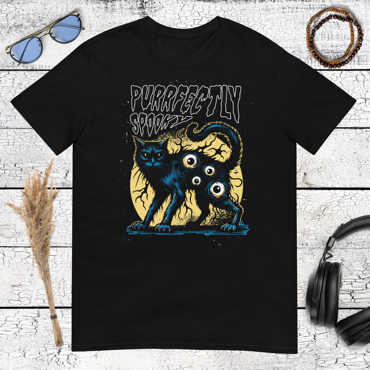 Purrfectly Spooky Cat T-Shirt – black, front view