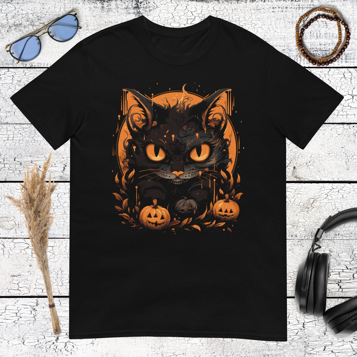 Halloween Black Cat T-Shirt – black, front view