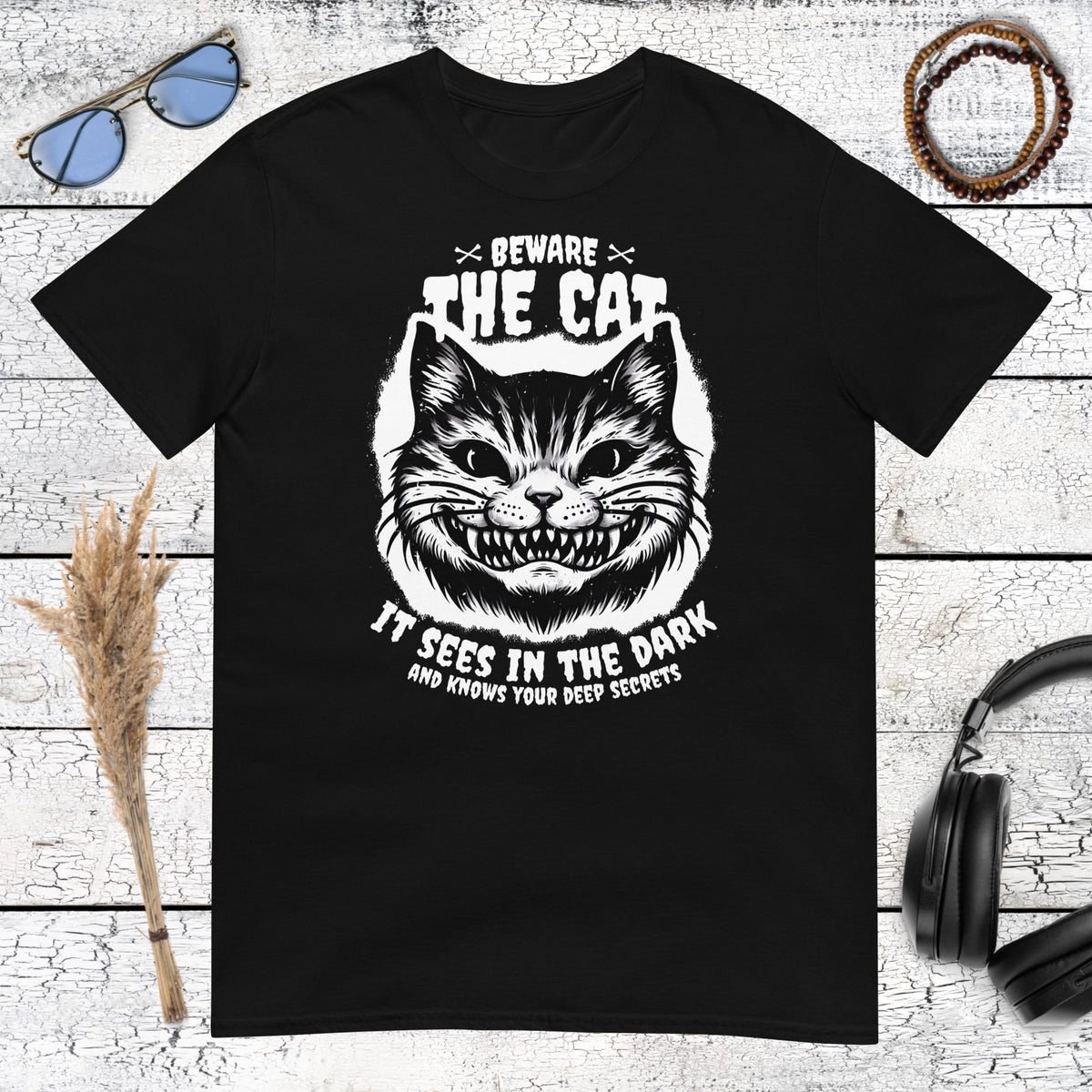 Beware The Cat T-Shirt – black, front view
