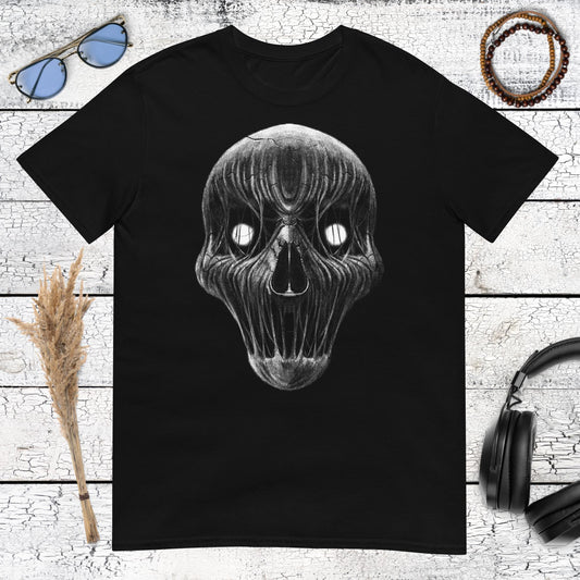 Dark Entity Skull Horror T-Shirt – black, front view