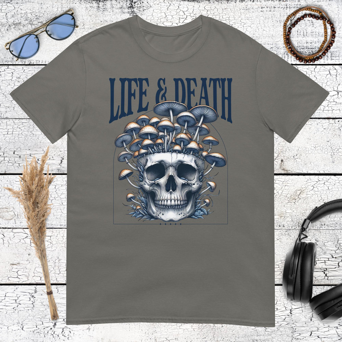 Life & Death Mushroom Skull T-Shirt – charcoal, front view