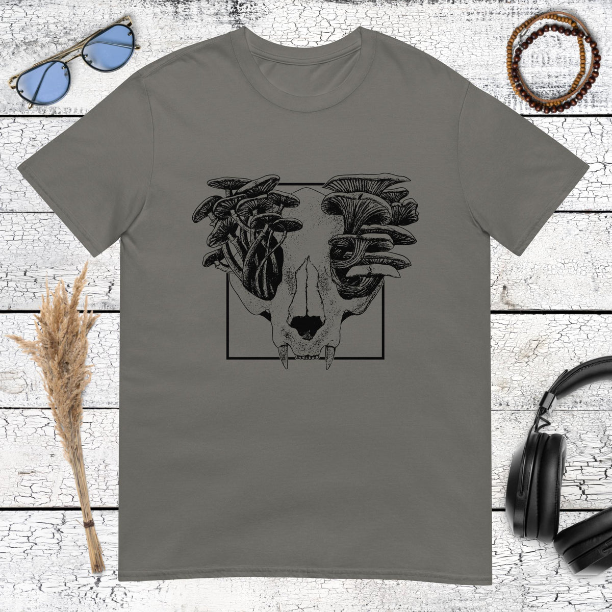 Mushroom Cat Skull T-Shirt – charcoal, front view