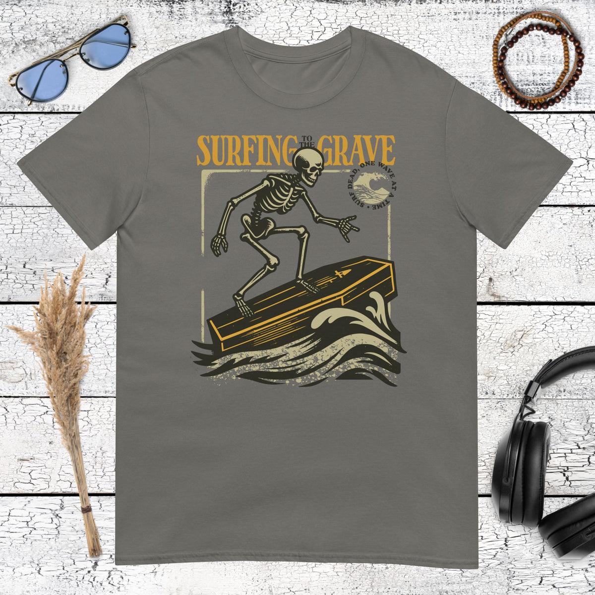 Surfing to the Grave T-Shirt – charcoal, front view
