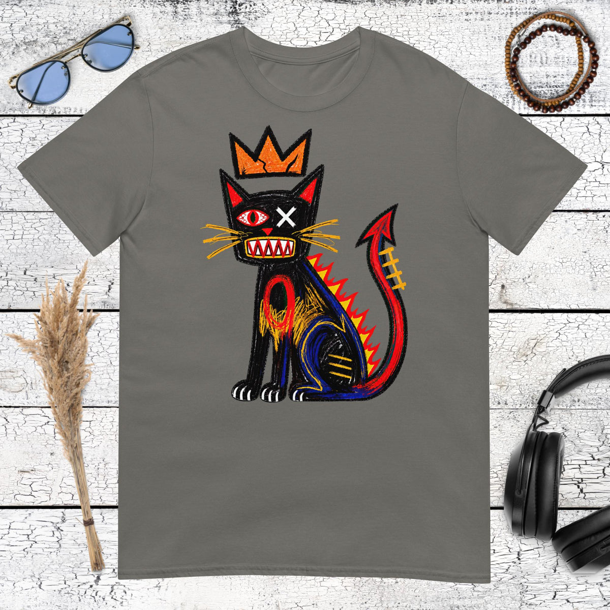 Basquiat Inspired Devil Cat T-Shirt – charcoal, front view
