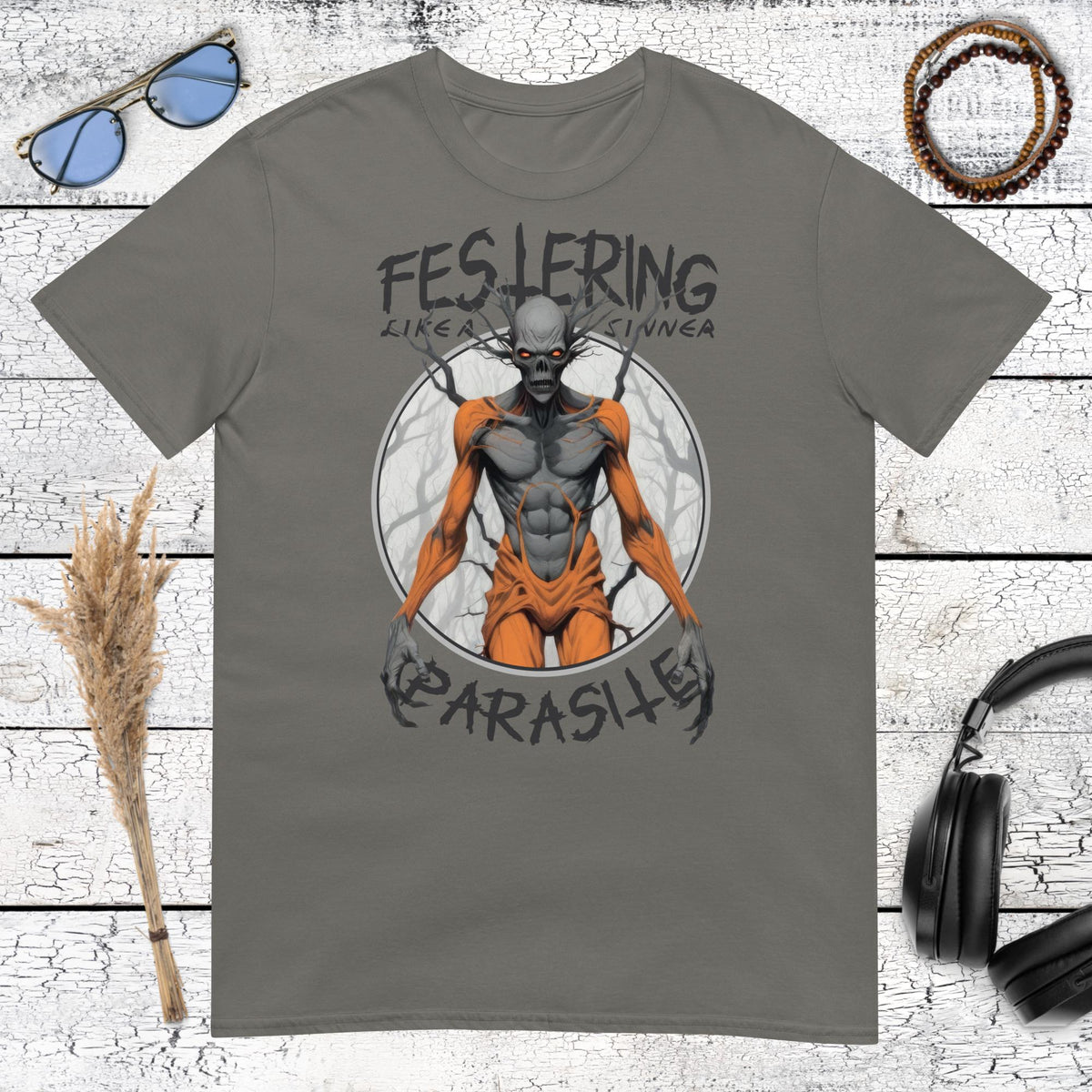 Festering Parasite Horror T-Shirt – charcoal, front view