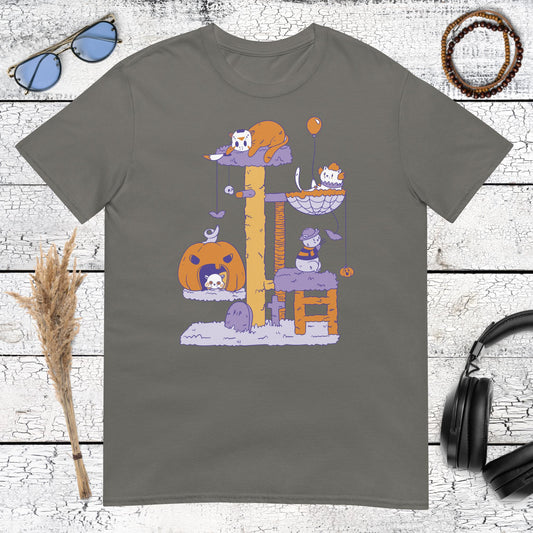 Halloween Cat Tree T-Shirt – charcoal, front view