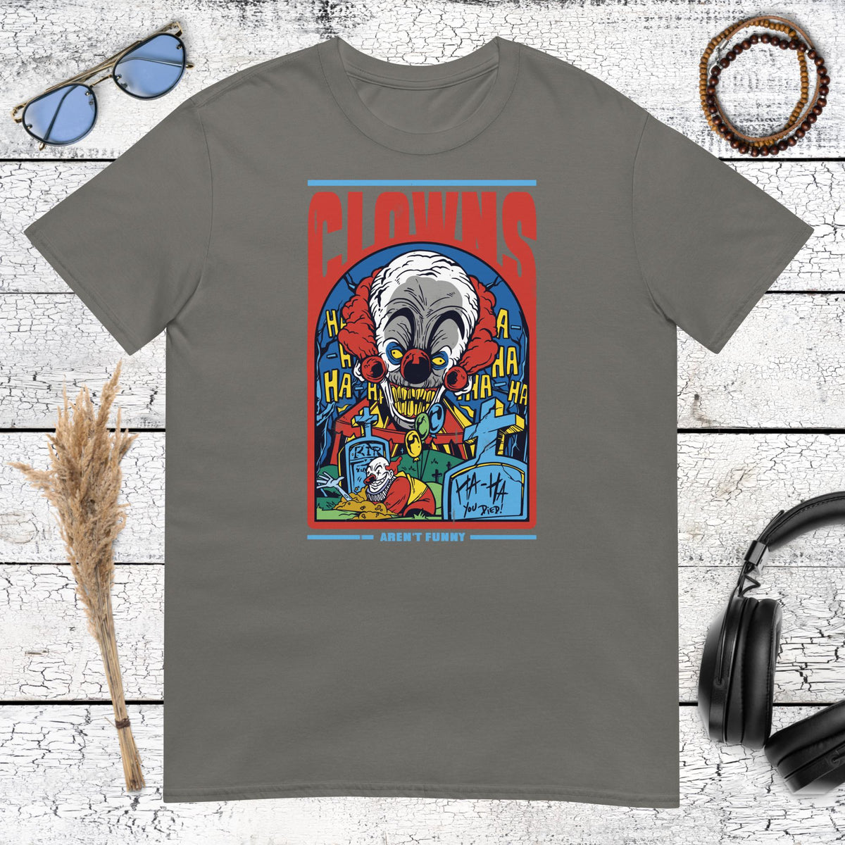 Clowns Aren’t Funny Horror T-Shirt – charcoal, front view