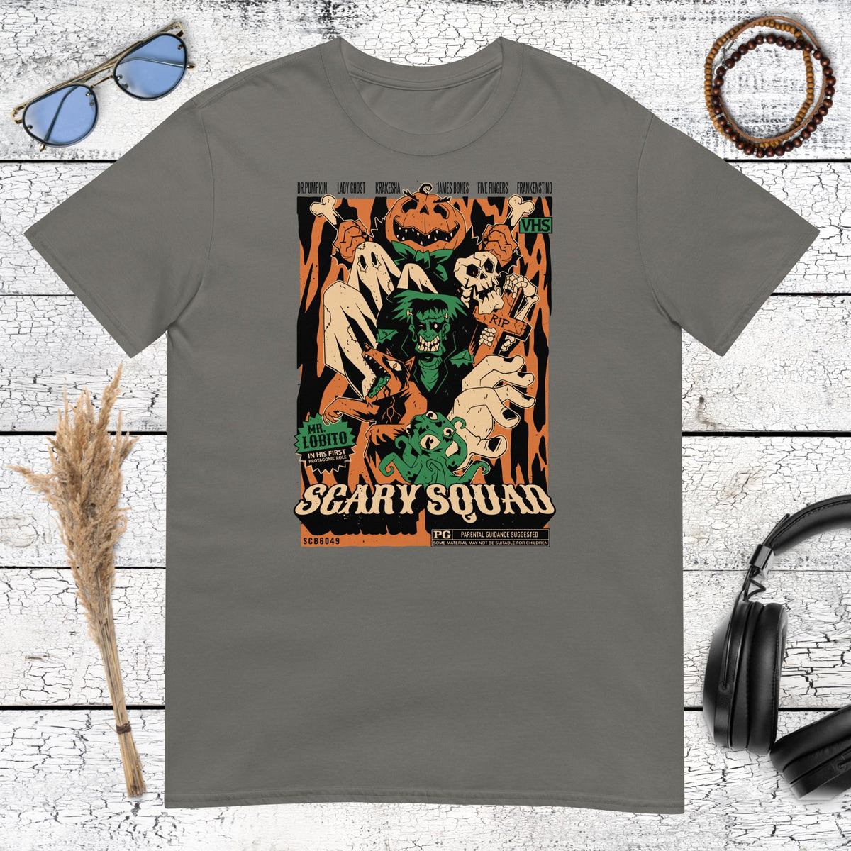 Scary Squad Retro Horror T-Shirt – charcoal, front view