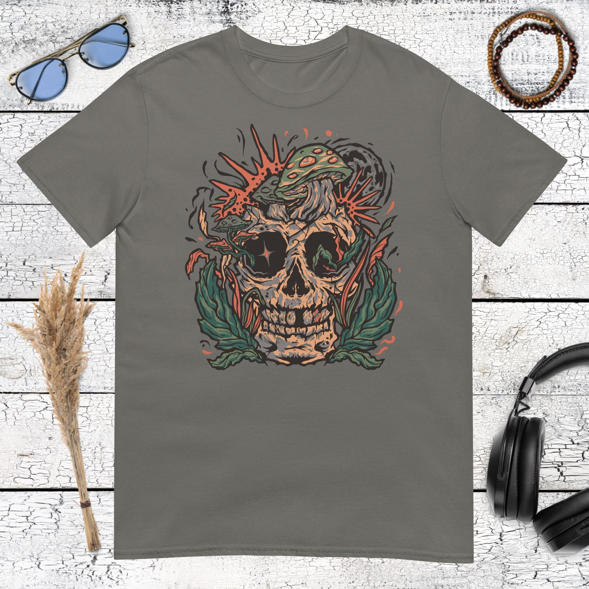 Mushroom Skull Psychedelic T-Shirt – charcoal, front view