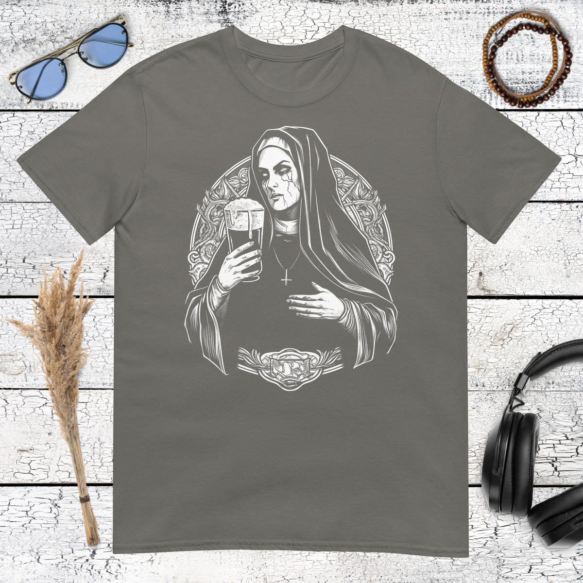 Holy Spirits Drinking Nun T-Shirt – charcoal, front view