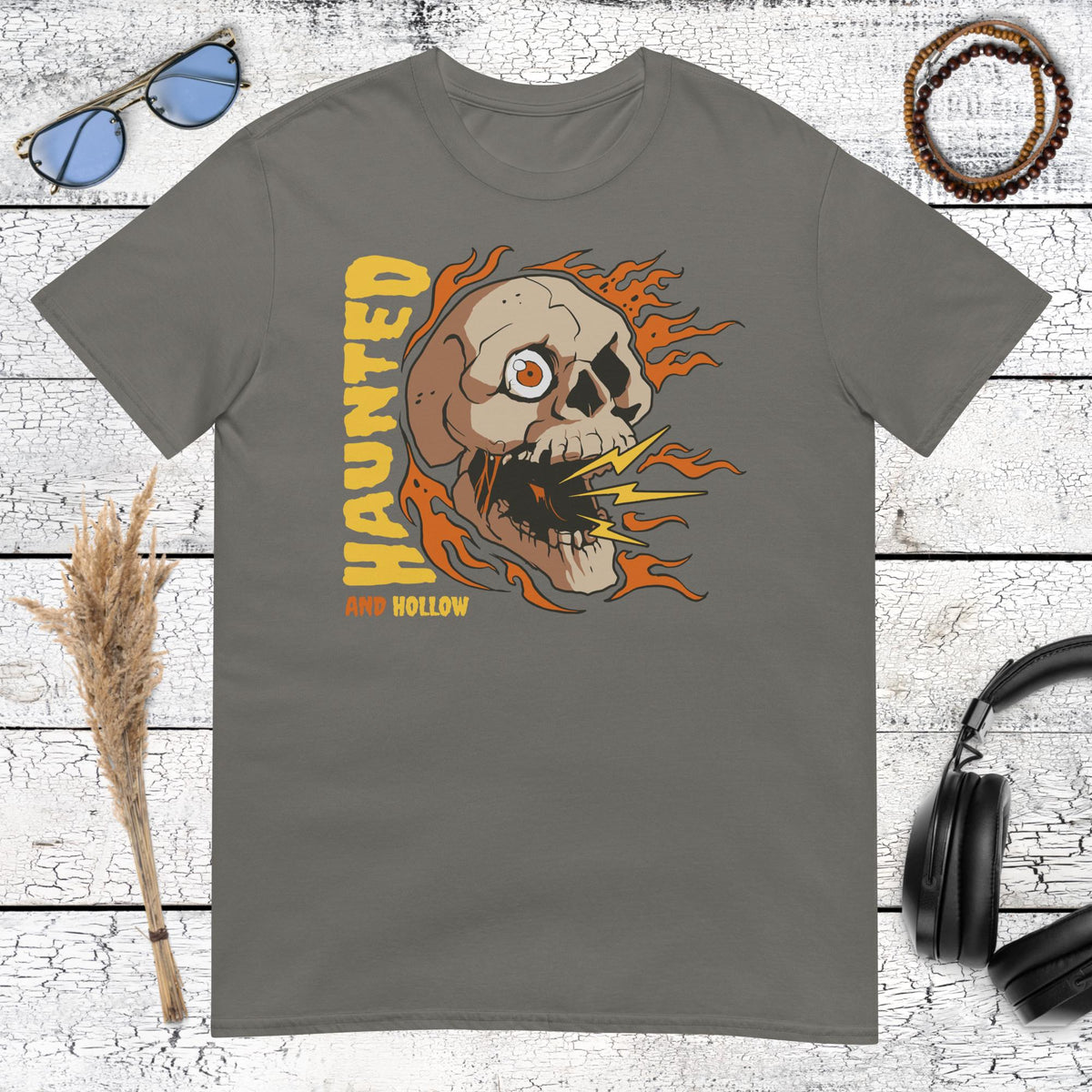 Haunted and Hollow Skull T-Shirt – charcoal, front view