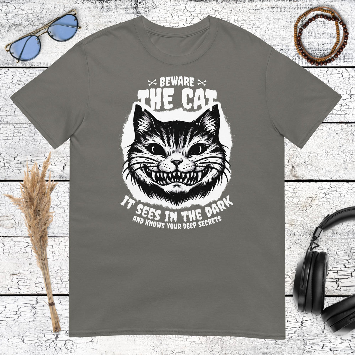 Beware The Cat T-Shirt – charcoal, front view