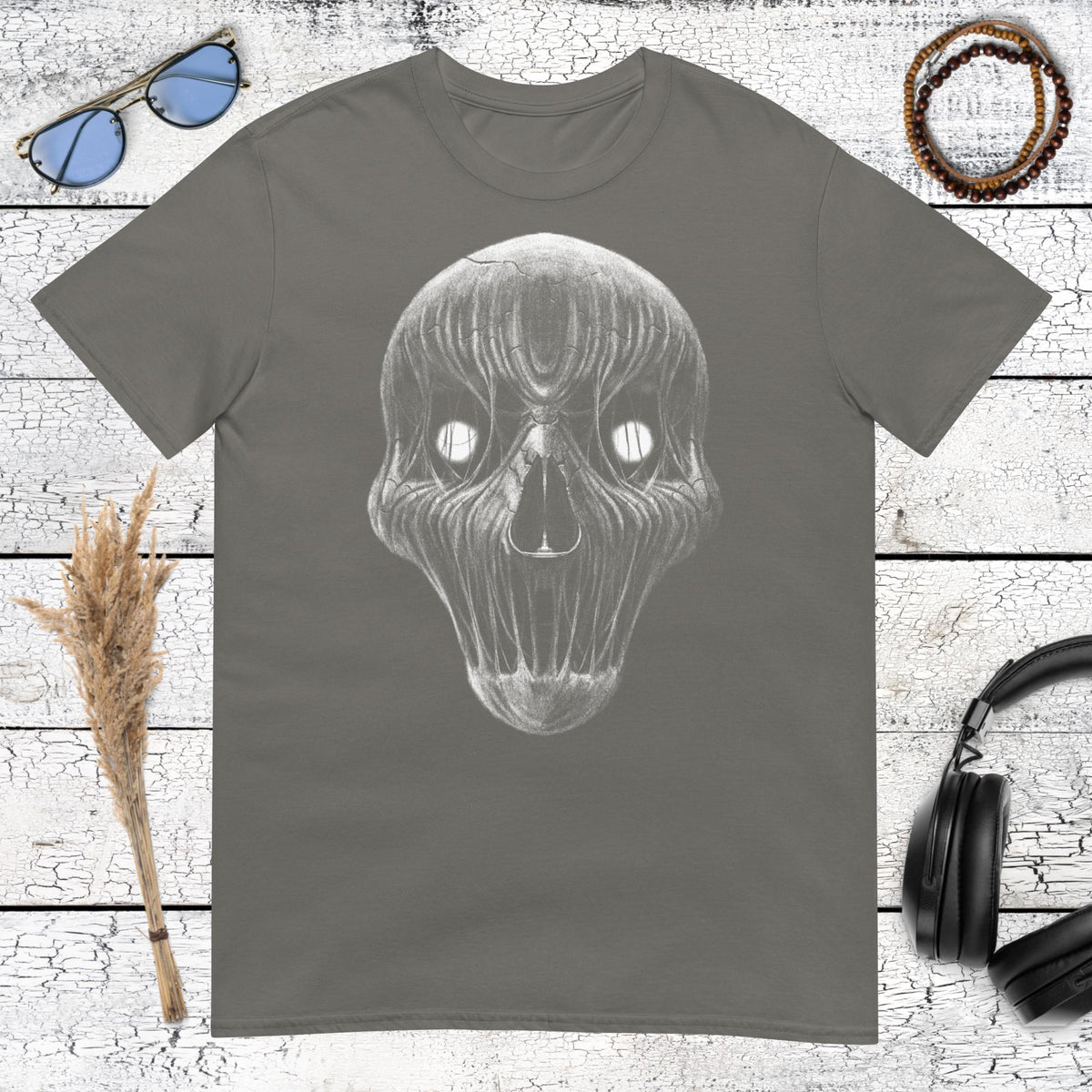 Dark Entity Skull Horror T-Shirt – charcoal, front view