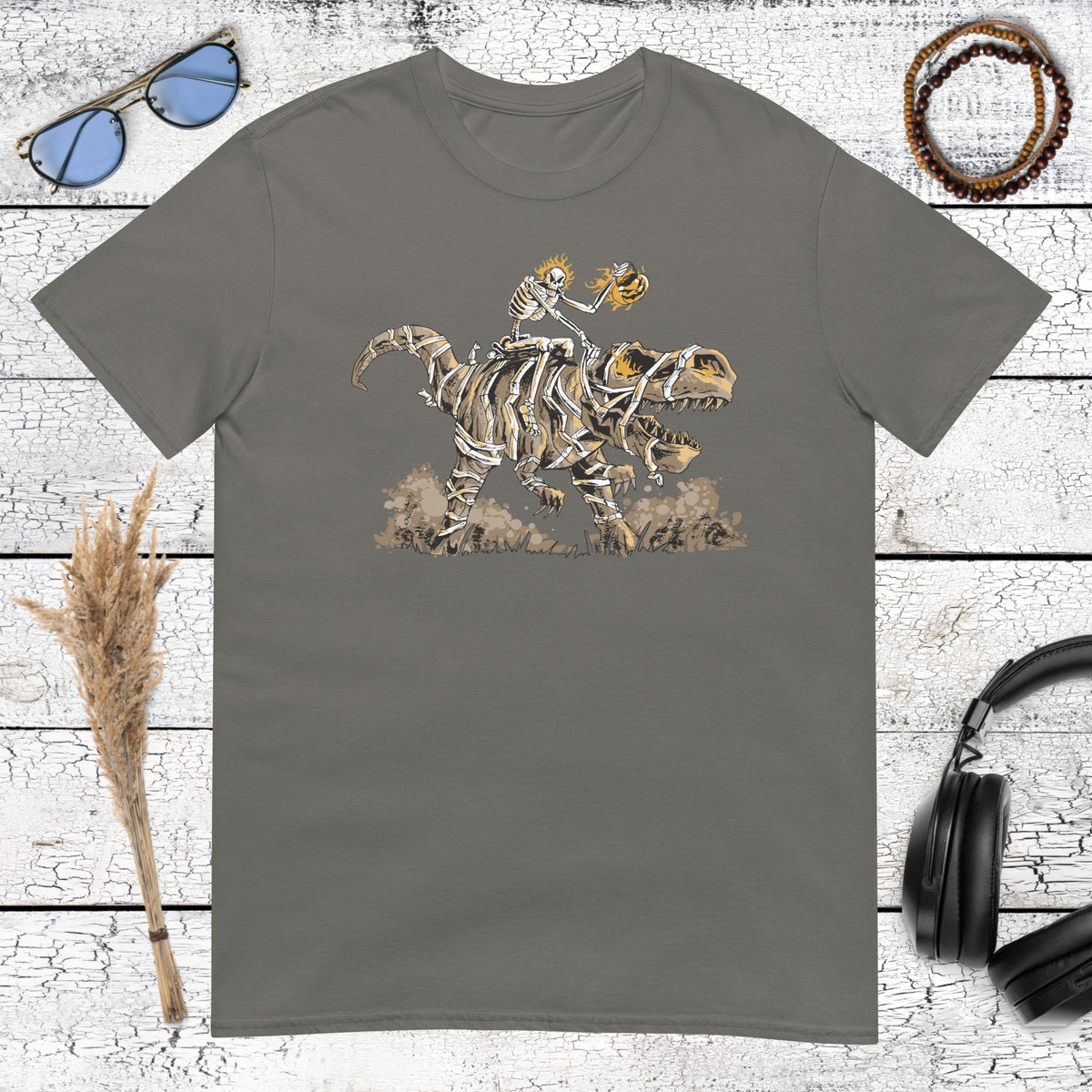 Skeleton Rider T-Rex T-Shirt – charcoal, front view