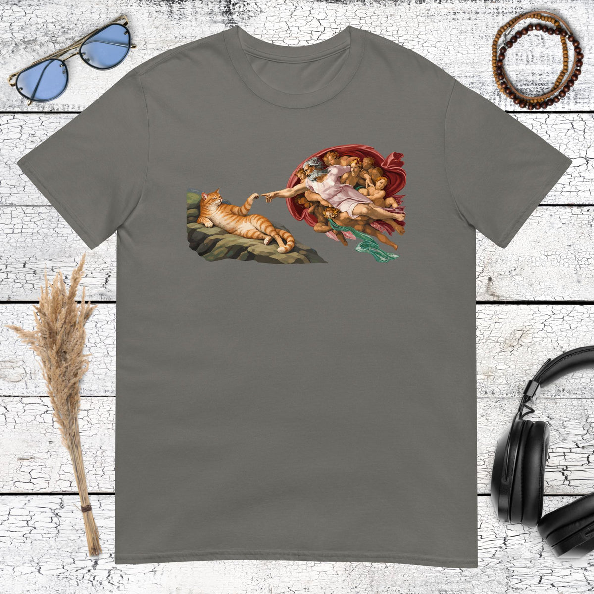 Funny classical art cat graphic featuring an orange tabby printed on a charcoal tshirt