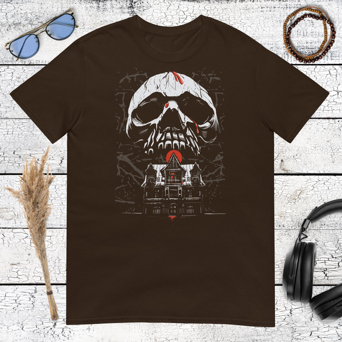Haunted House Skull Horror T-Shirt – dark chocolate, front view