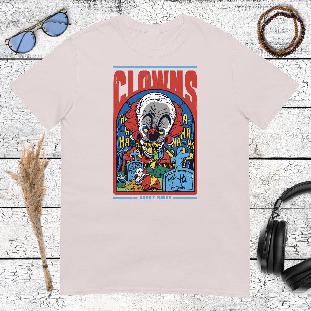 Clowns Aren’t Funny Horror T-Shirt – ice grey, front view