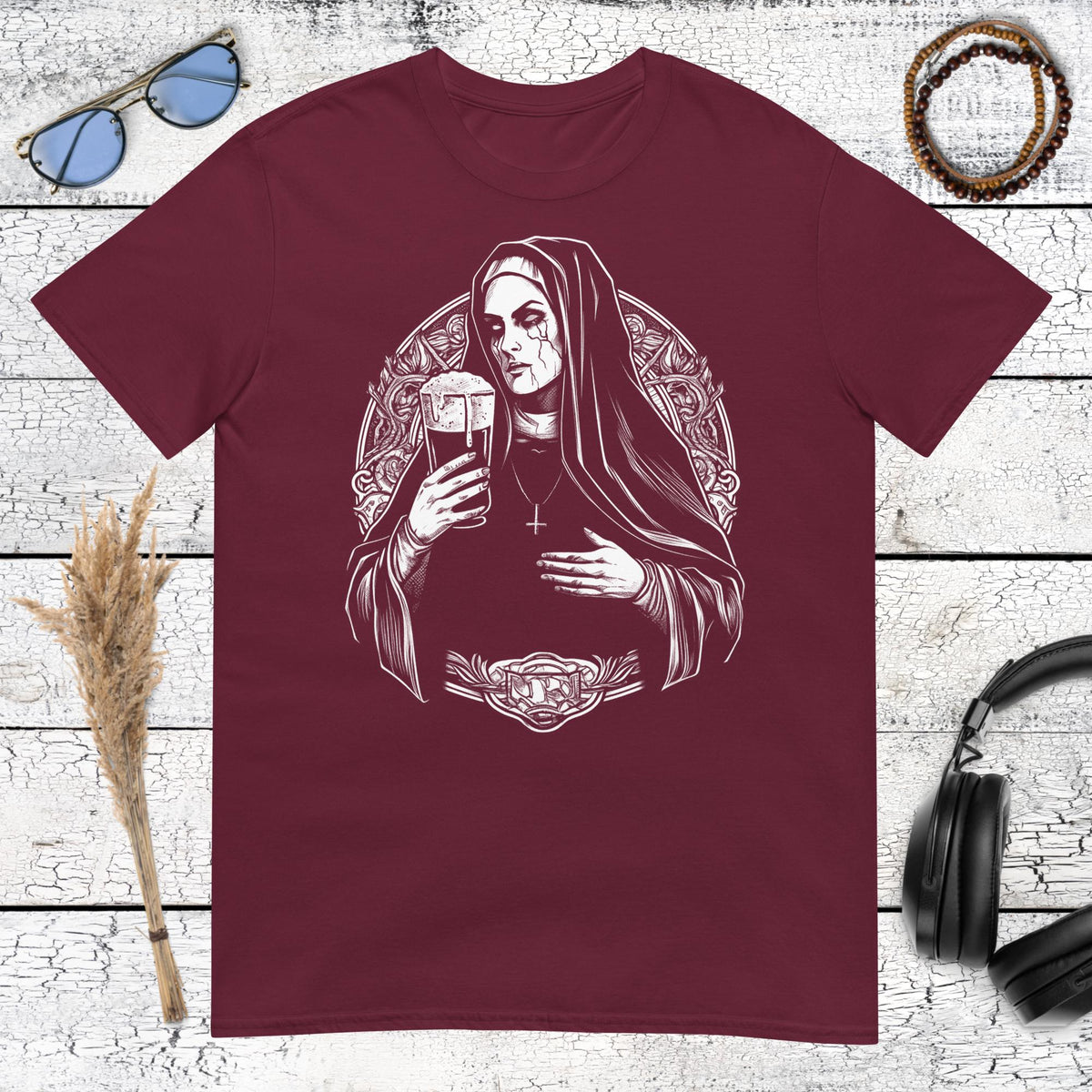 Holy Spirits Drinking Nun T-Shirt – maroon, front view