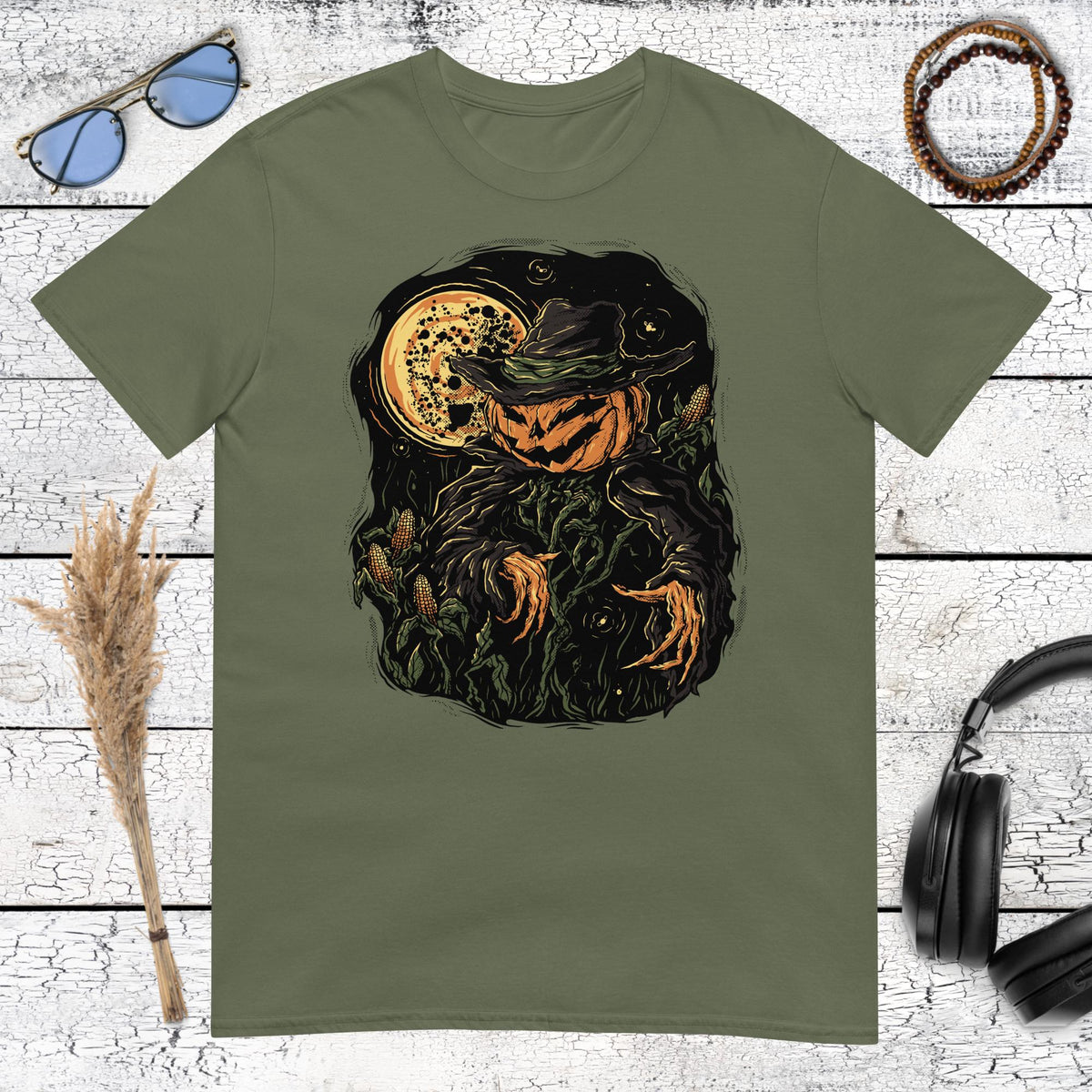 Pumpkin Scarecrow Halloween T-Shirt – military green, front view